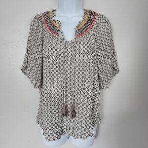 Knox Rose Black White Peasant Blouse Short Sleeve